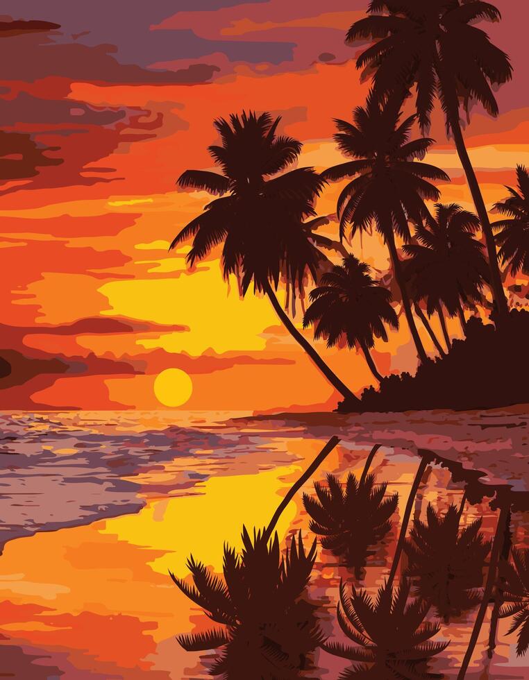 Sunset landscape with palm tree silhouette. Sun rays and coconut tree silhouette. Sunset at the beach. vector
