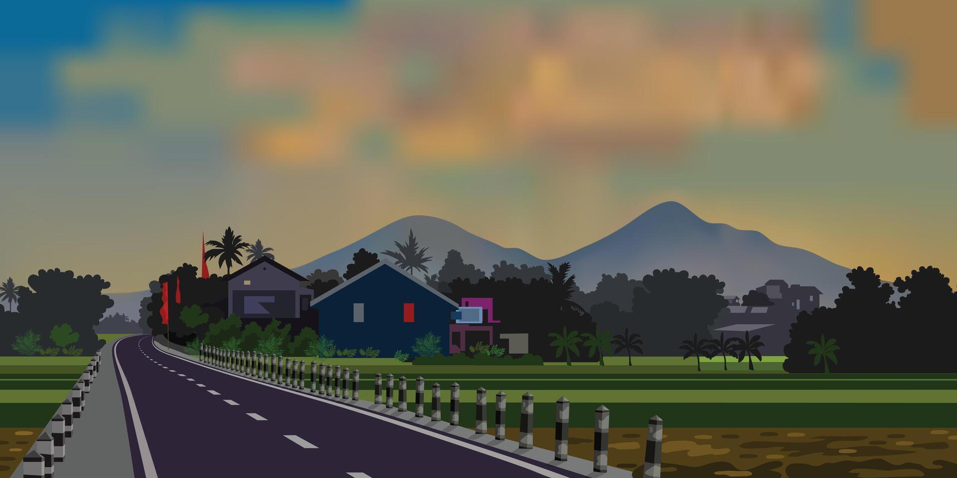 Sunset landscape illustration. Mount merapi yogyakarta view for background design. vector