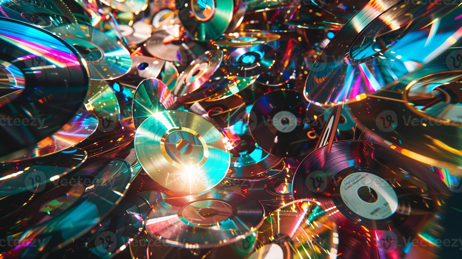 Colorful stack of CDs in a chaotic pile photo