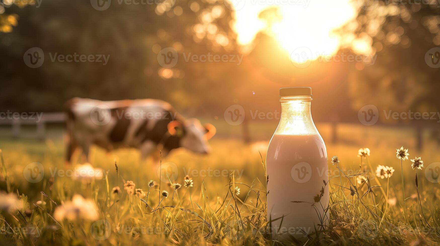Fresh dairy milk in a rustic outdoor setting with a grazing cow photo