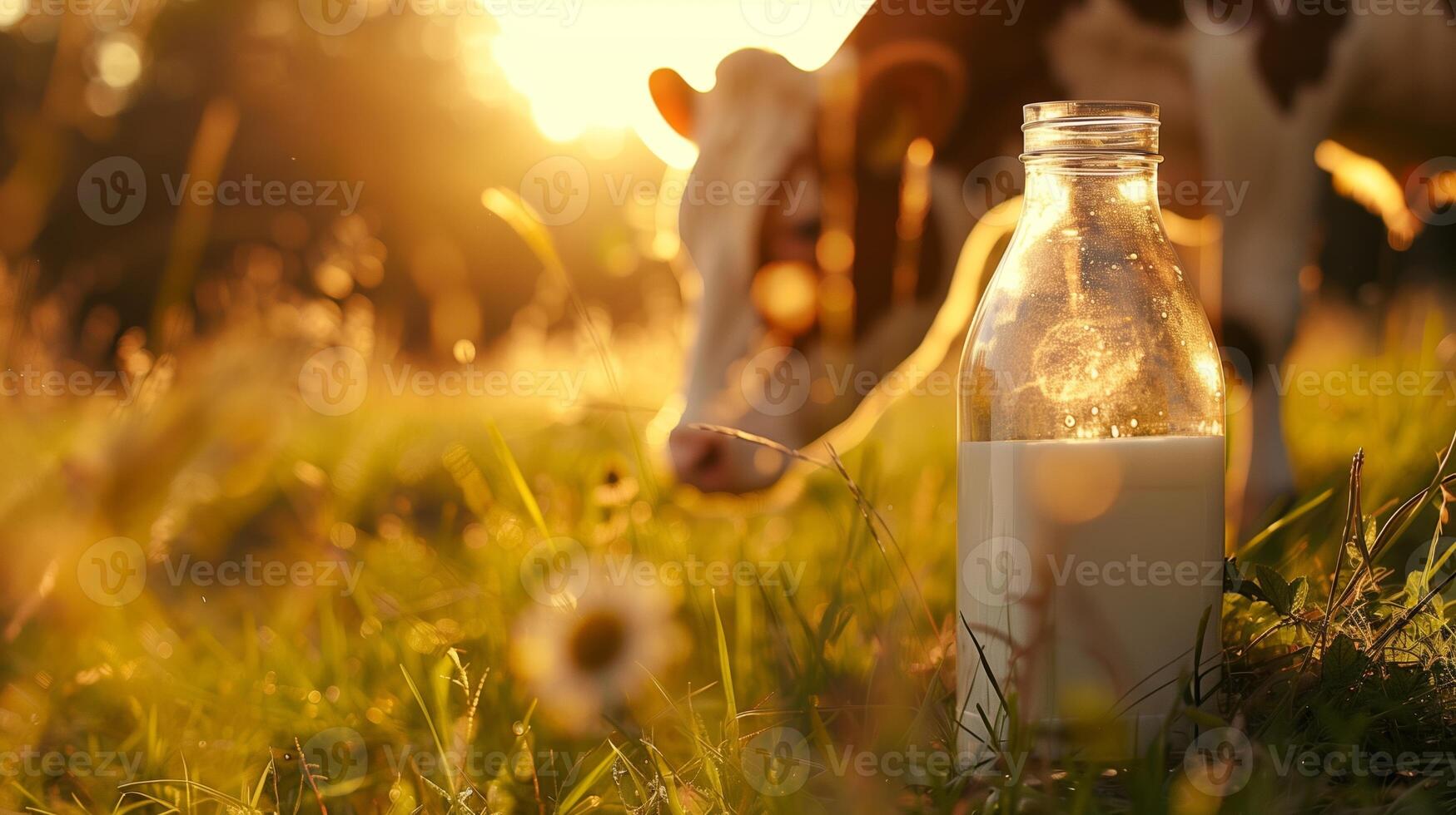Fresh dairy milk in a rustic outdoor setting with a grazing cow photo