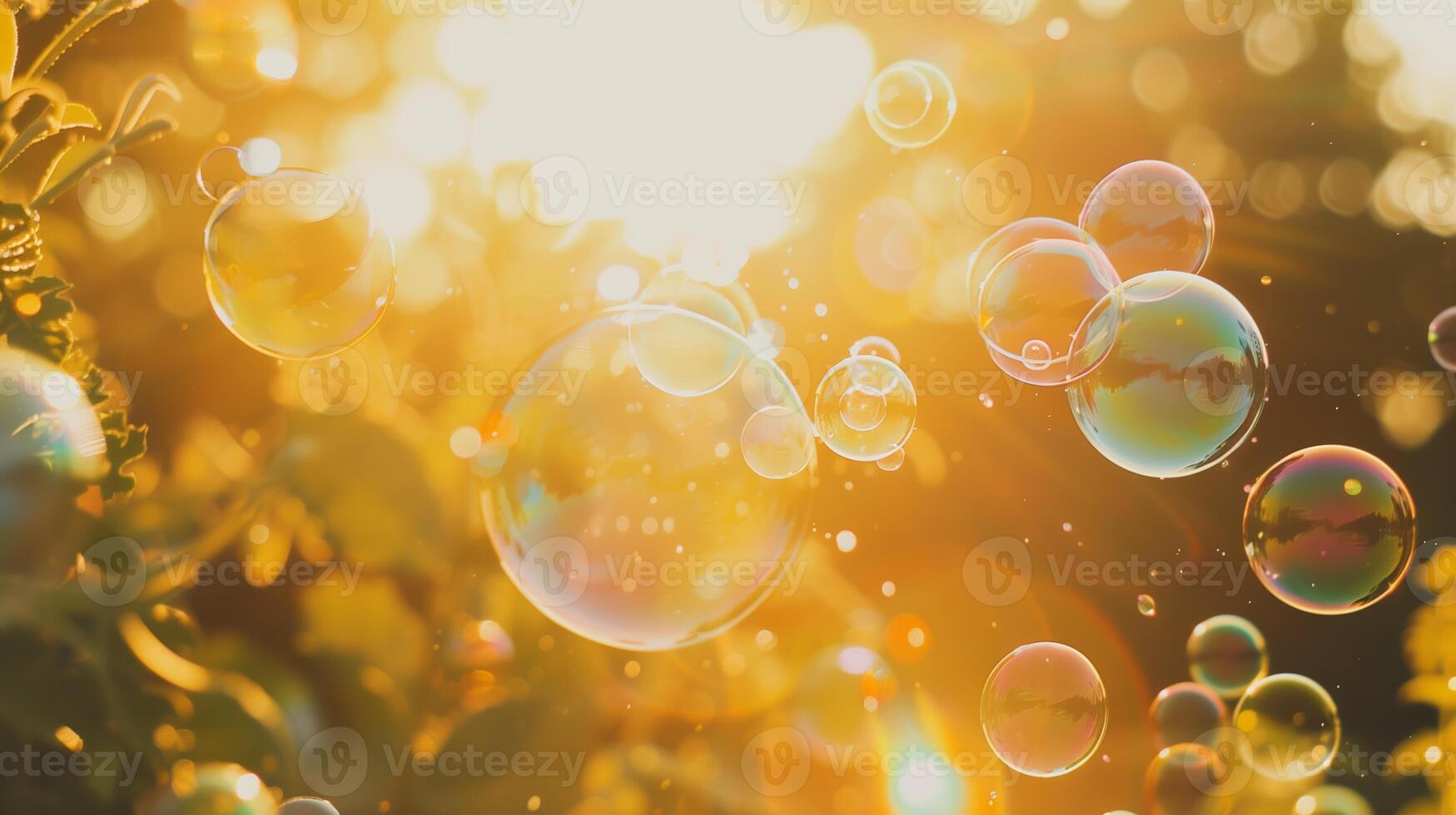 Bright soap bubbles floating against the background of sunlight photo