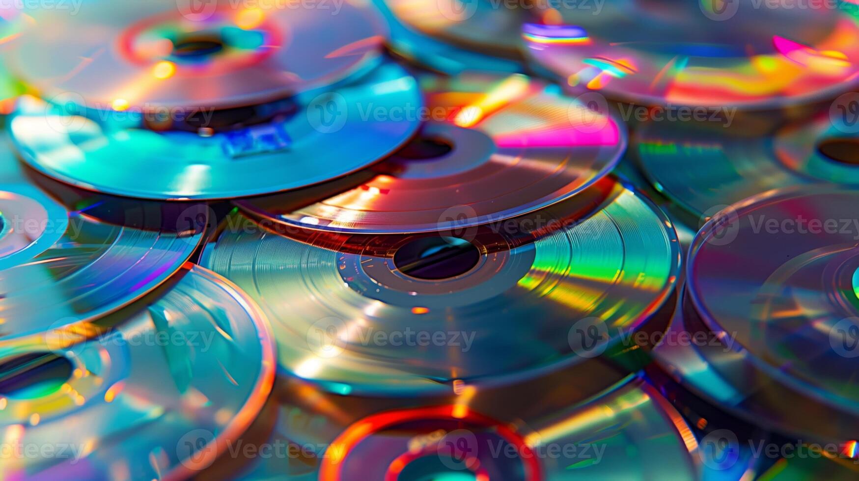 Colorful stack of CDs in a chaotic pile photo
