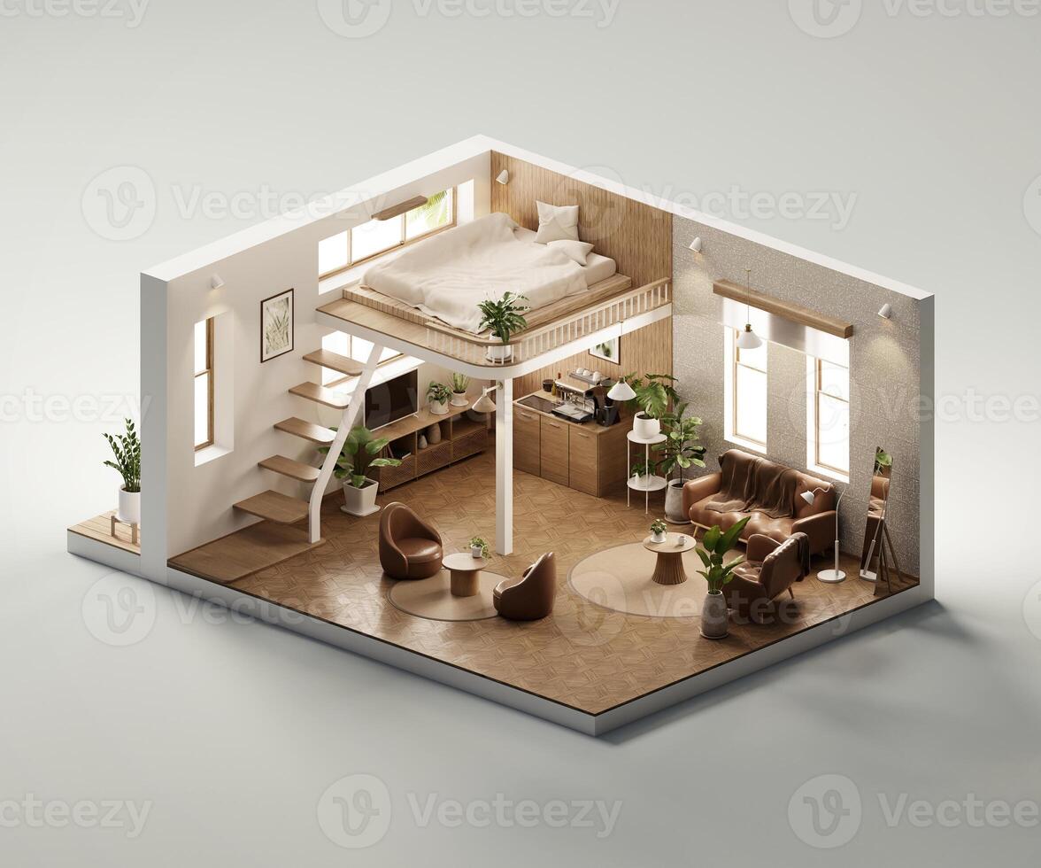 Isometric view bed room open inside interior architecture 3d rendering digital art photo