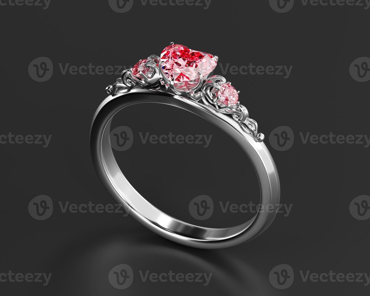 Diamond Ring with Heart Shape Ruby Diamond 3d Rendering isolated on black photo