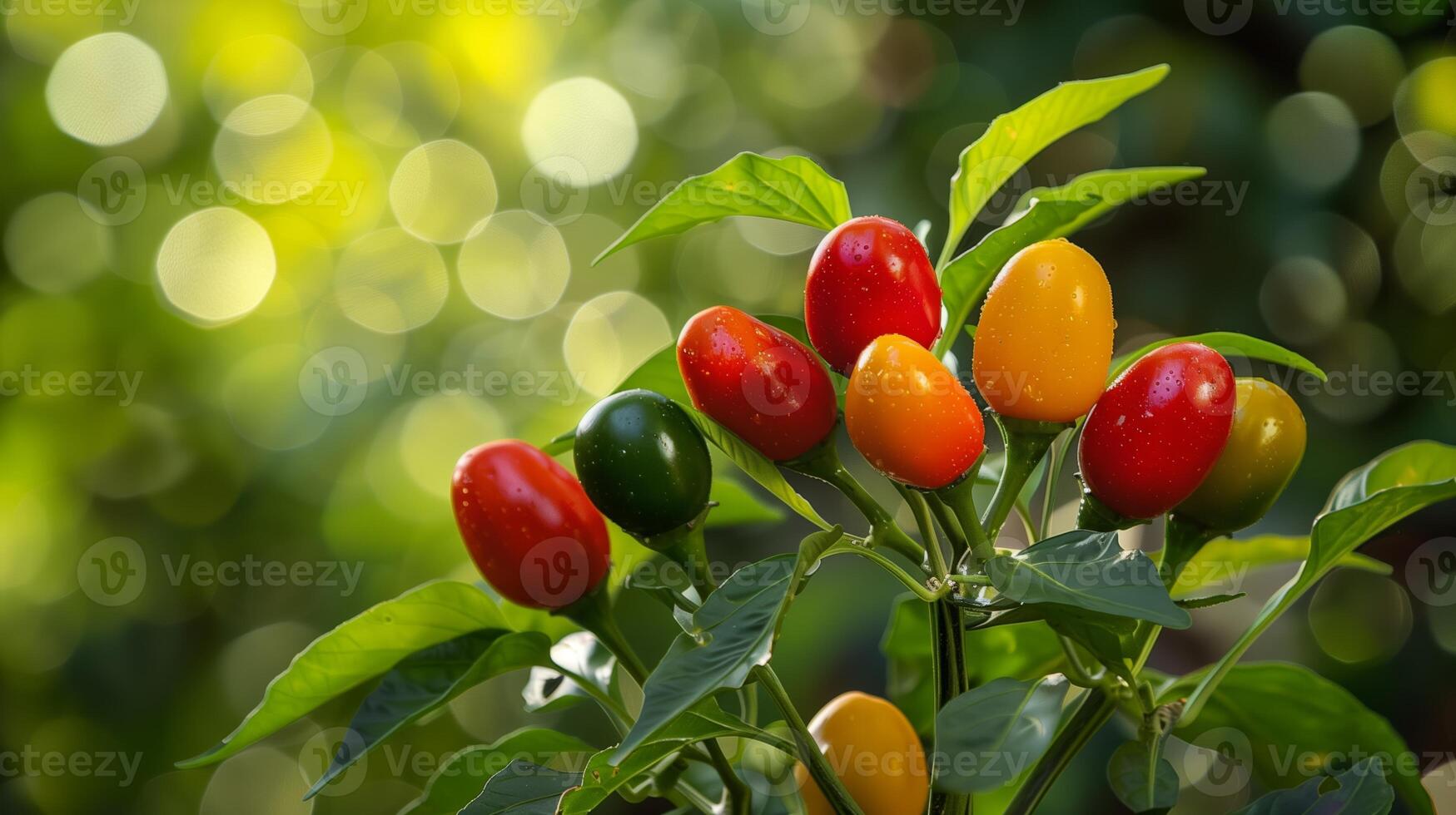 A cluster of red and yellow peppers sprouting from a tall tree photo