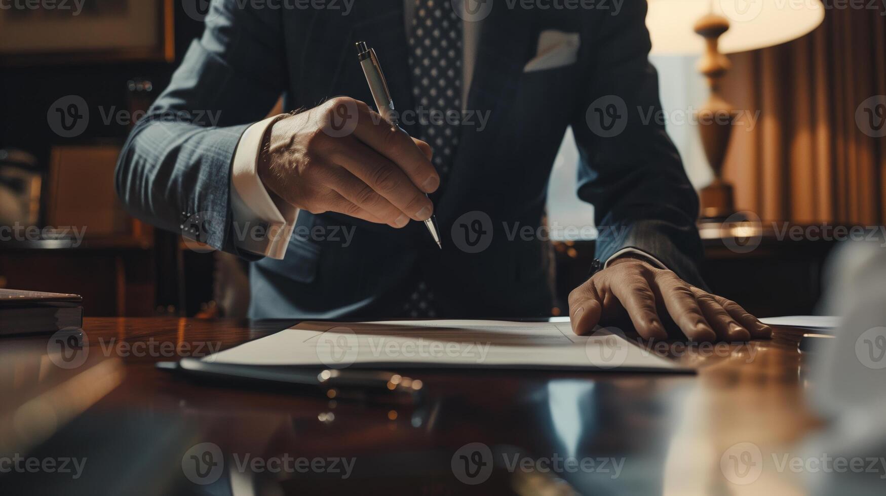Close-up of a businessman in a suit signing a document at a desk photo