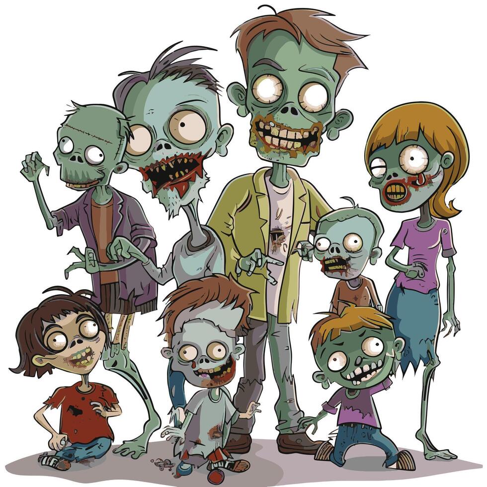 Cheerful zombie family , comically creepy characters vector