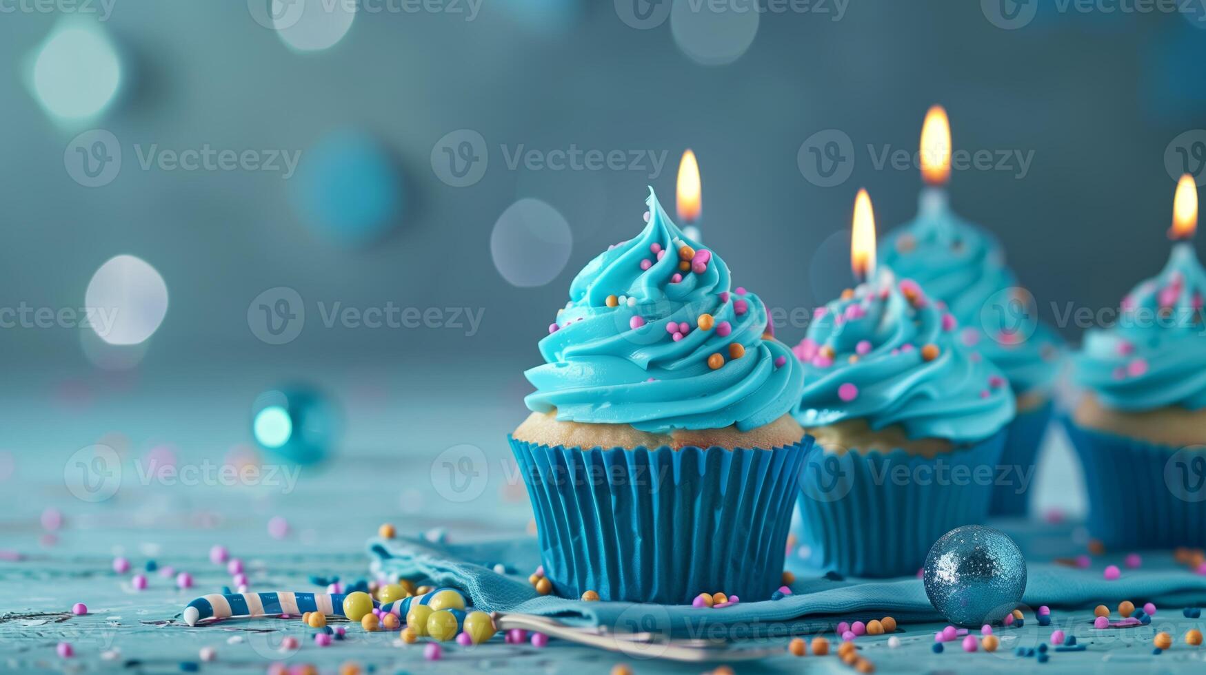 Festive Blue Frosted Cupcakes with Sprinkles and Candles photo