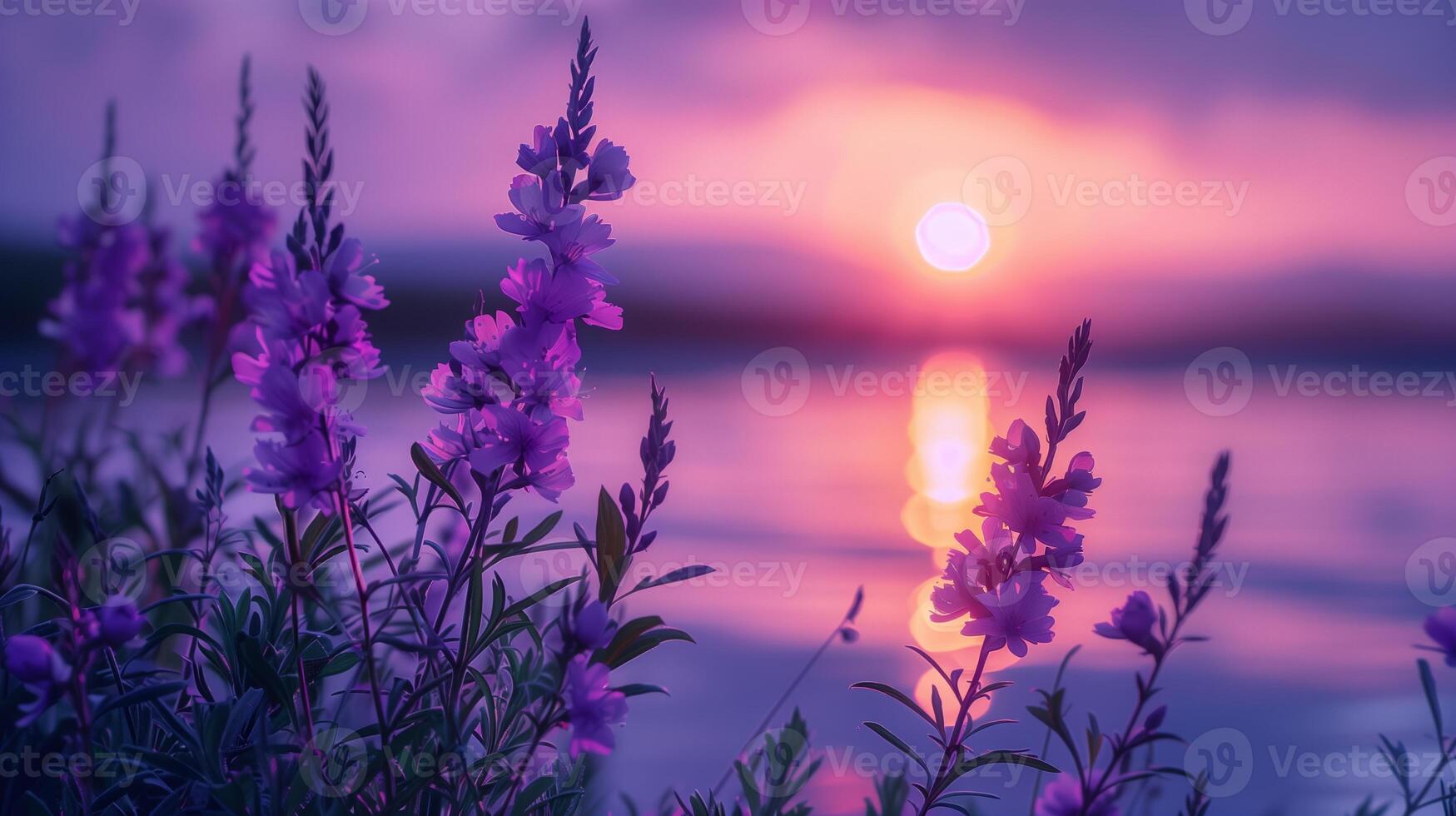 Purple flowers at sunset by the water photo