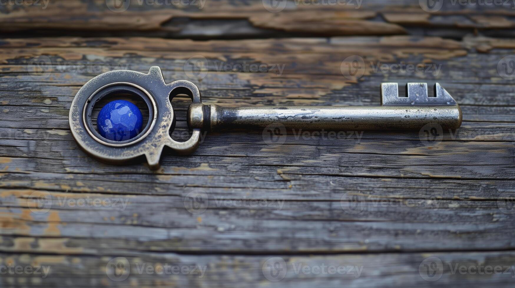 A key with an electric blue circle fashion accessory embedded in metal photo