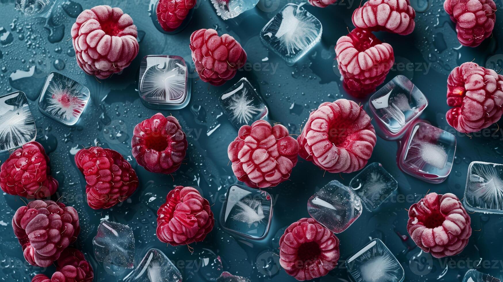 Assorted frozen raspberries, ice cubes. photo