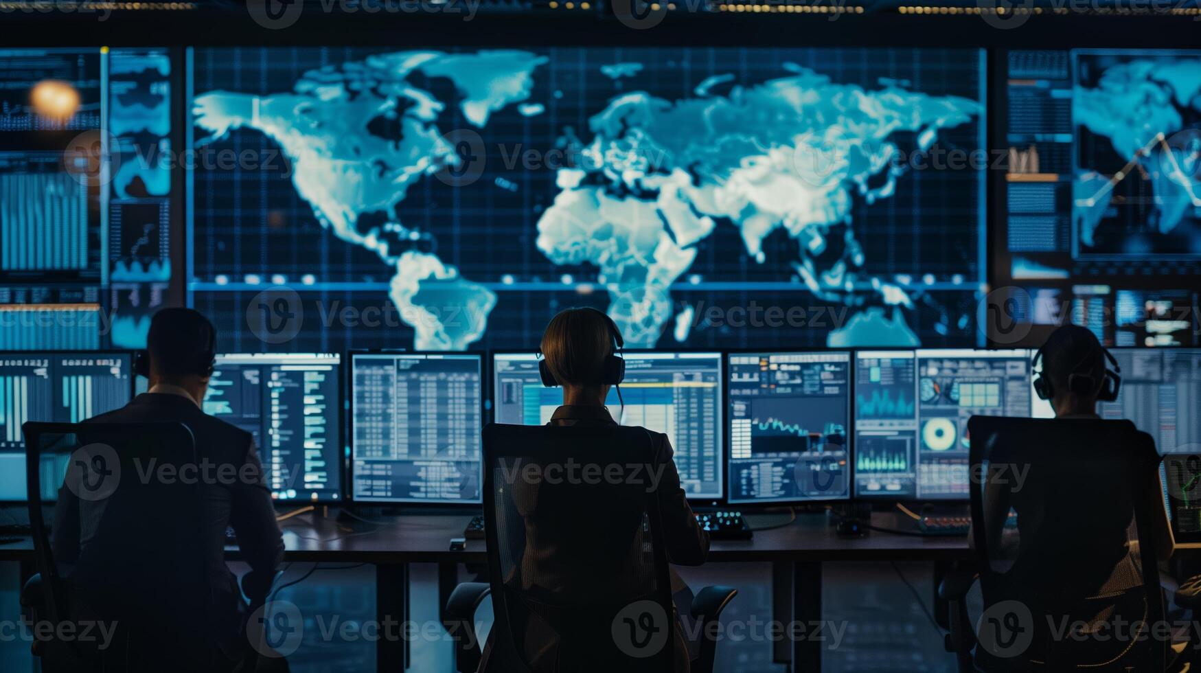 Professionals in a cybersecurity operations center monitoring data photo