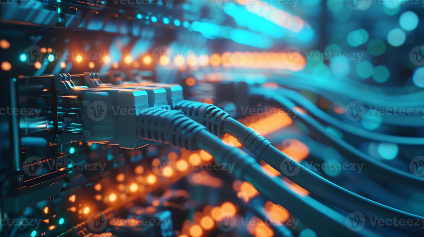 Detailed View of Ethernet Cables Connected to Illuminated Server photo