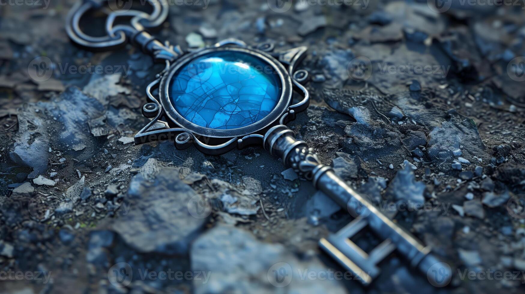 A key with an electric blue circle fashion accessory embedded in metal photo