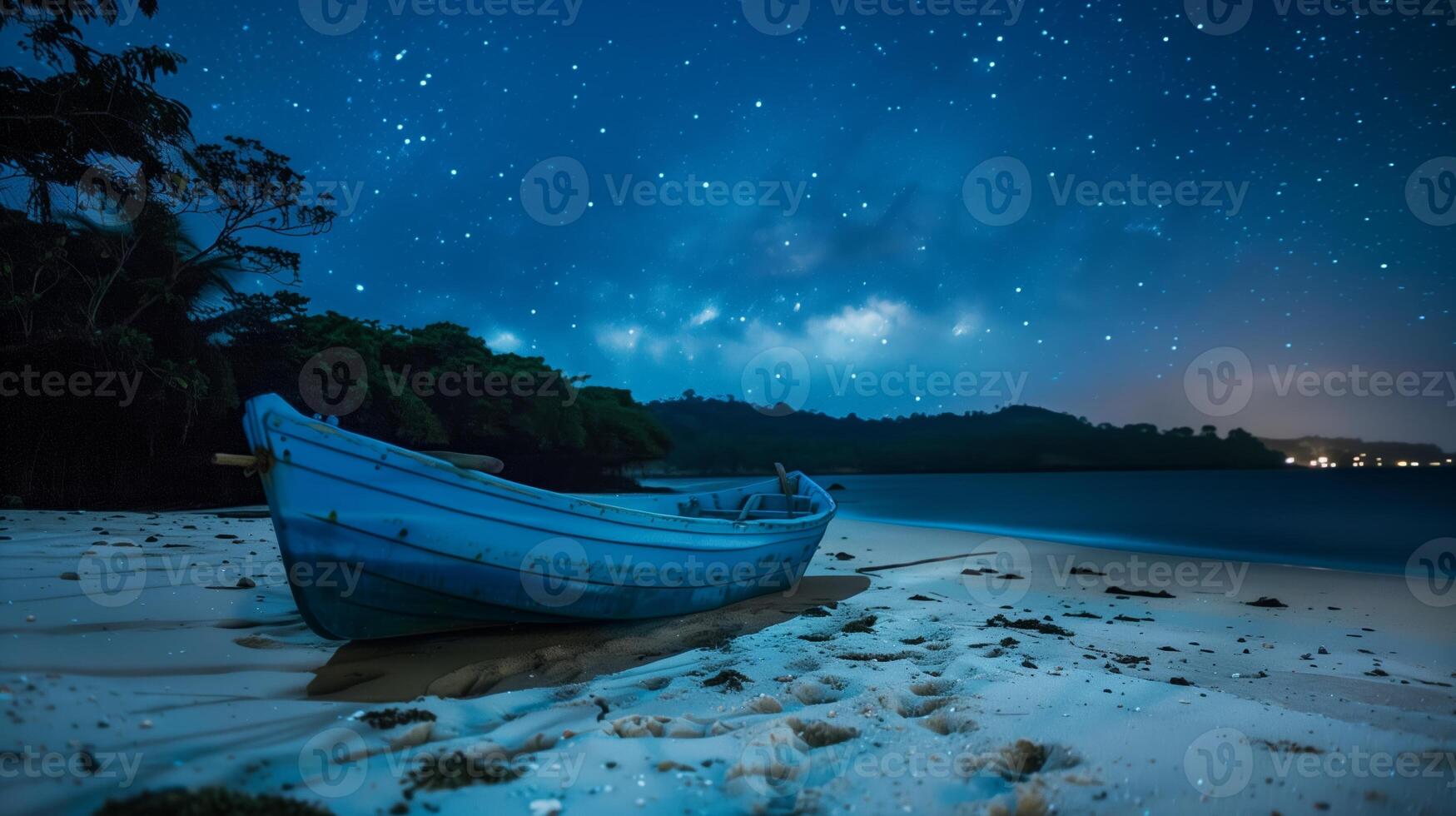 A blue boat rests on the sandy shore photo