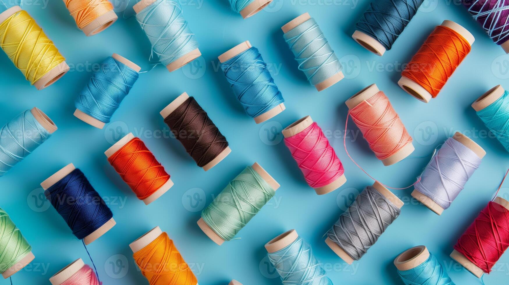 Colorful Array of Sewing Threads on Blue photo