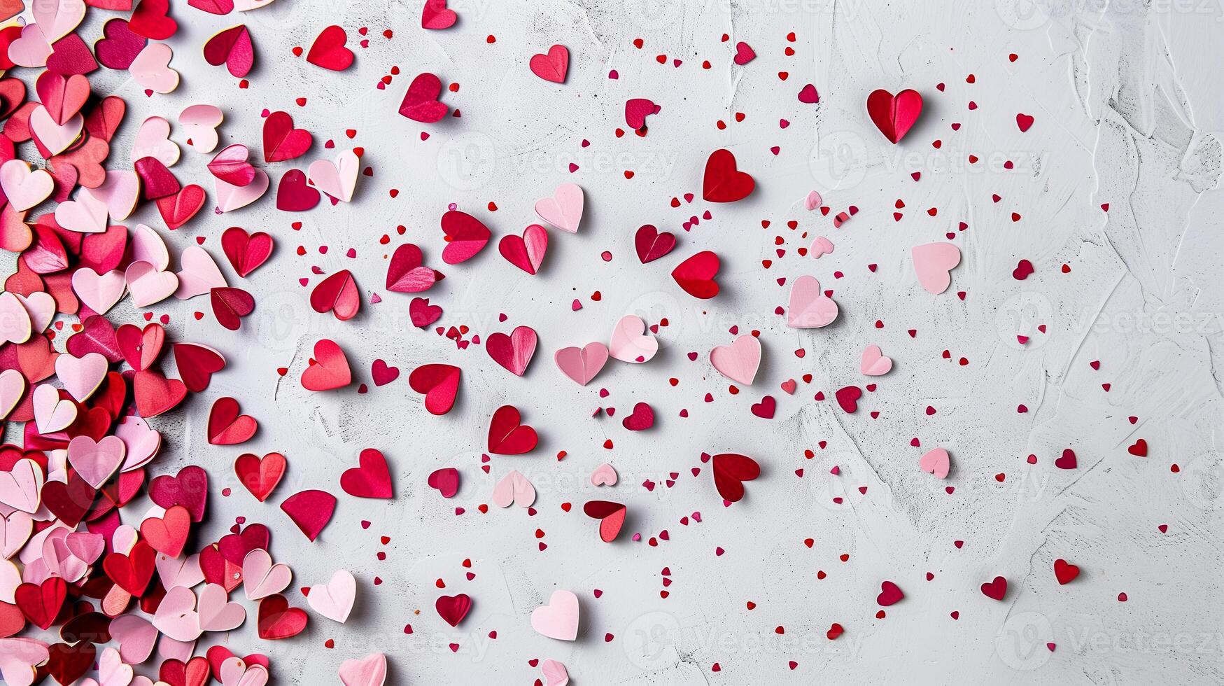 White surface covered with multiple red and pink heart shaped paper confetti photo