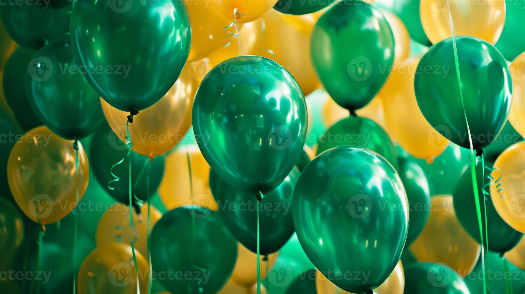 Colorful green and yellow balloons hovering above in a festive event photo