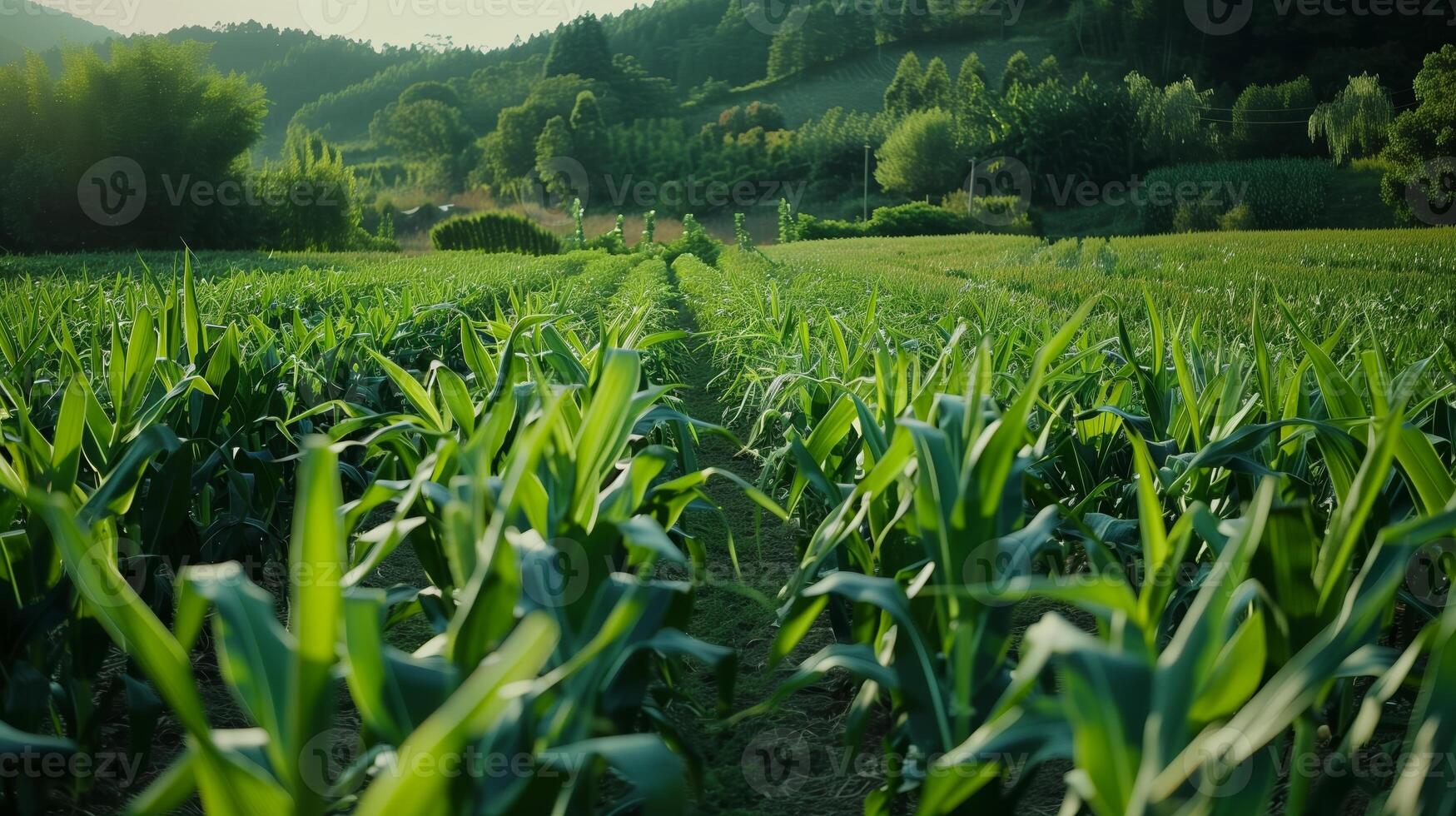 There is a Green beans field with corn stalks in the middle photo