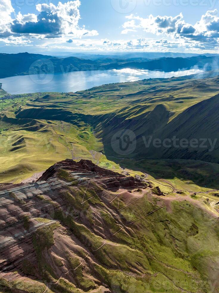 Rainbow Mountain, Peru. Also known as Cerro Colorado near to Cusco. Aerial view. photo