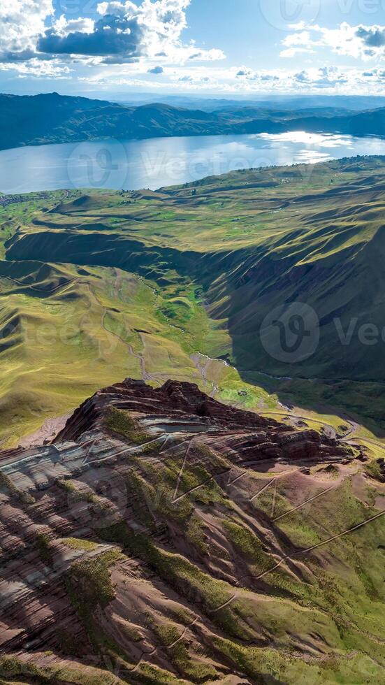 Rainbow Mountain, Peru. Also known as Cerro Colorado near to Cusco. Aerial view. photo
