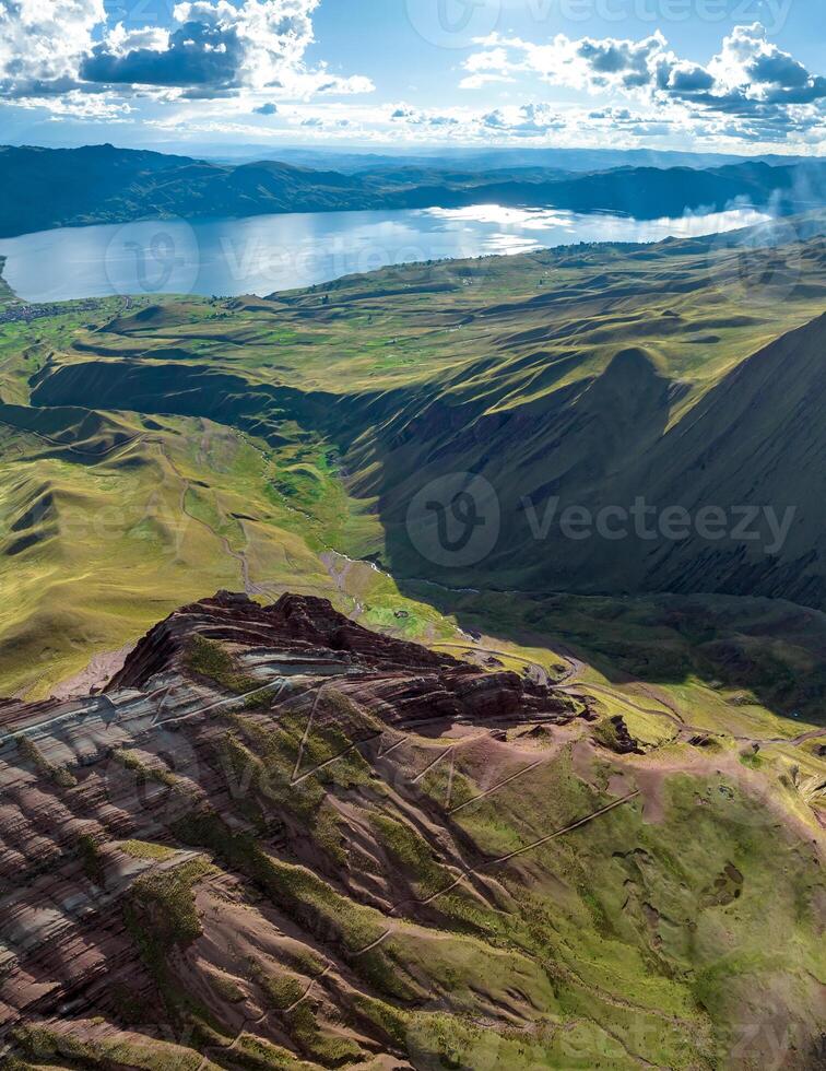Rainbow Mountain, Peru. Also known as Cerro Colorado near to Cusco. Aerial view. photo