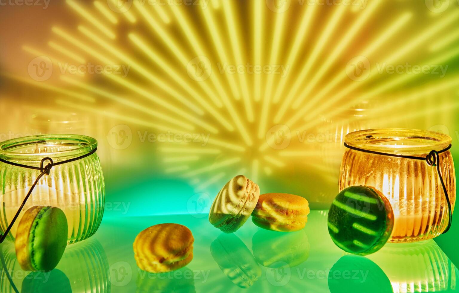 Vibrant Colorful Macarons on Glass Surface photo
