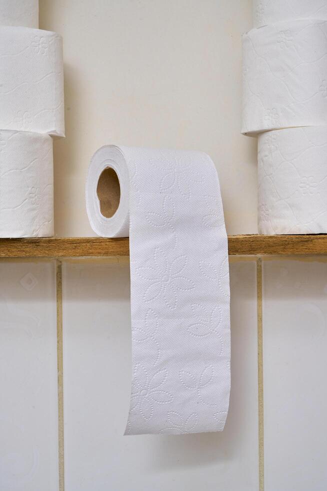 Pile of toilet paper in wc photo