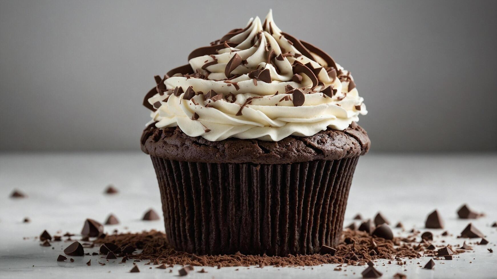 a chocolate cupcake with white cream and chocolate sprinkles on top of it. photo