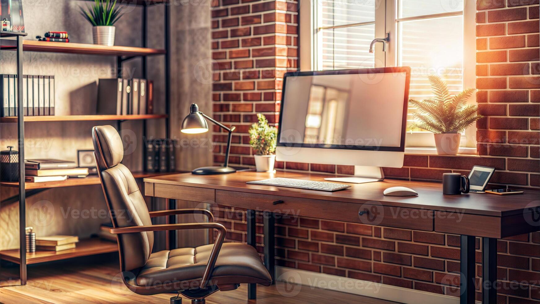 Modern home office with a computer and large window photo