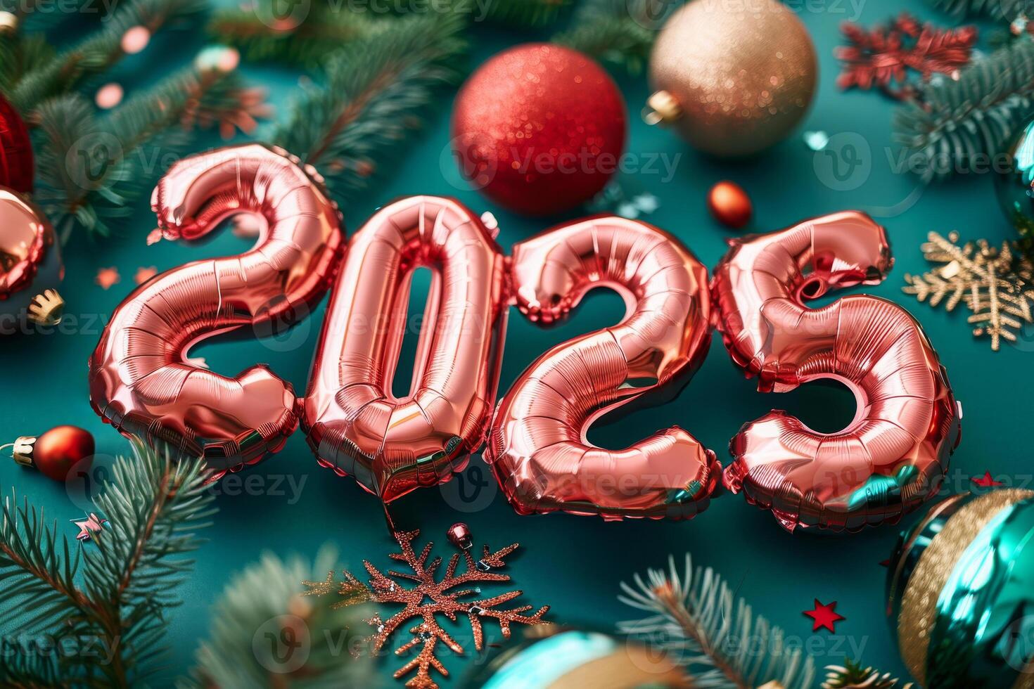 Rose Gold 2025 Balloons on Teal Background With Christmas Decorations photo