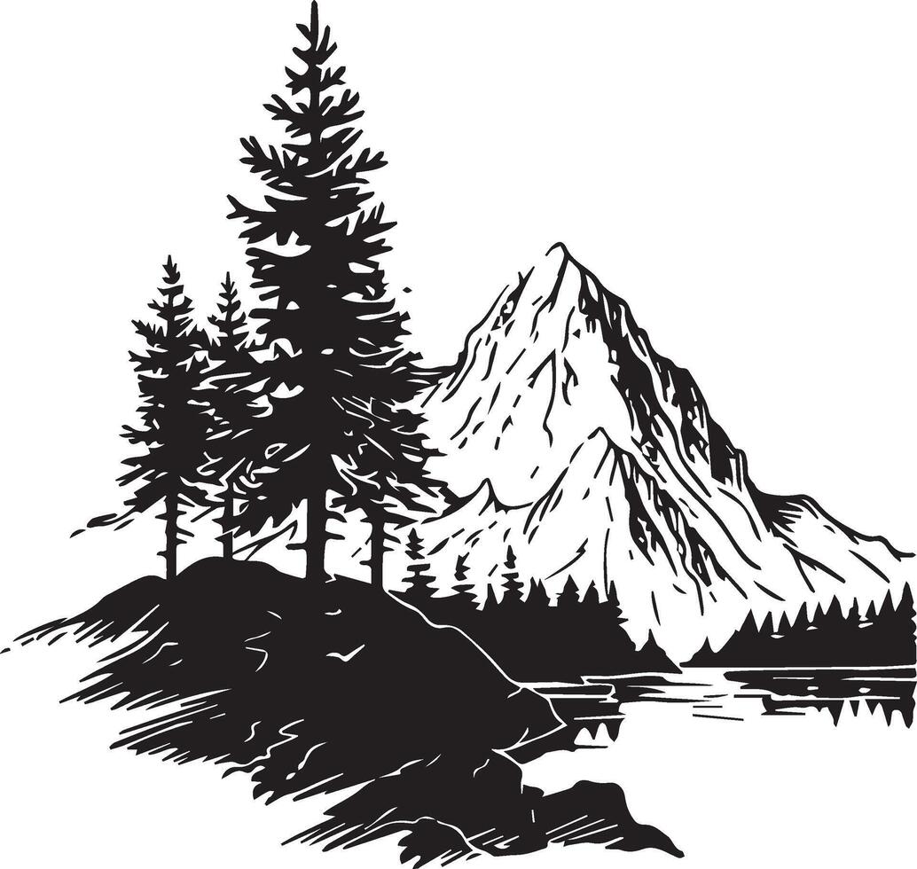 Mountain Forest Tree Landscape Silhouette on white background vector
