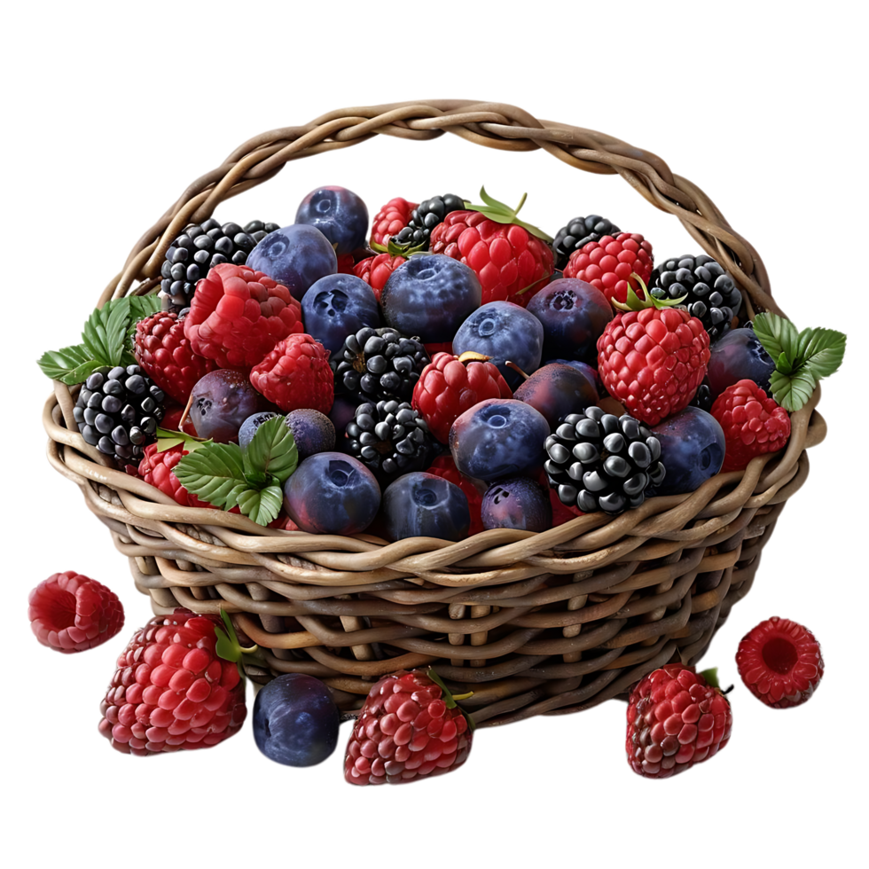 Basket of Berries - Illustration of Ripe Blackberries, Raspberries, and Blueberries in a Wicker Basket png