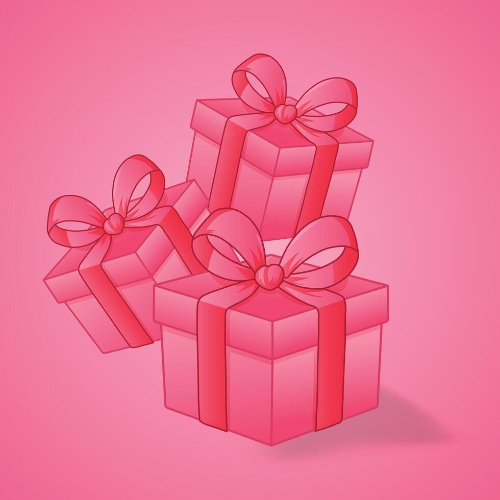 Three Pink Gift Boxes with Red Bows on top of each other. Gift boxes flying and falling, Concept of celebration and joy vector