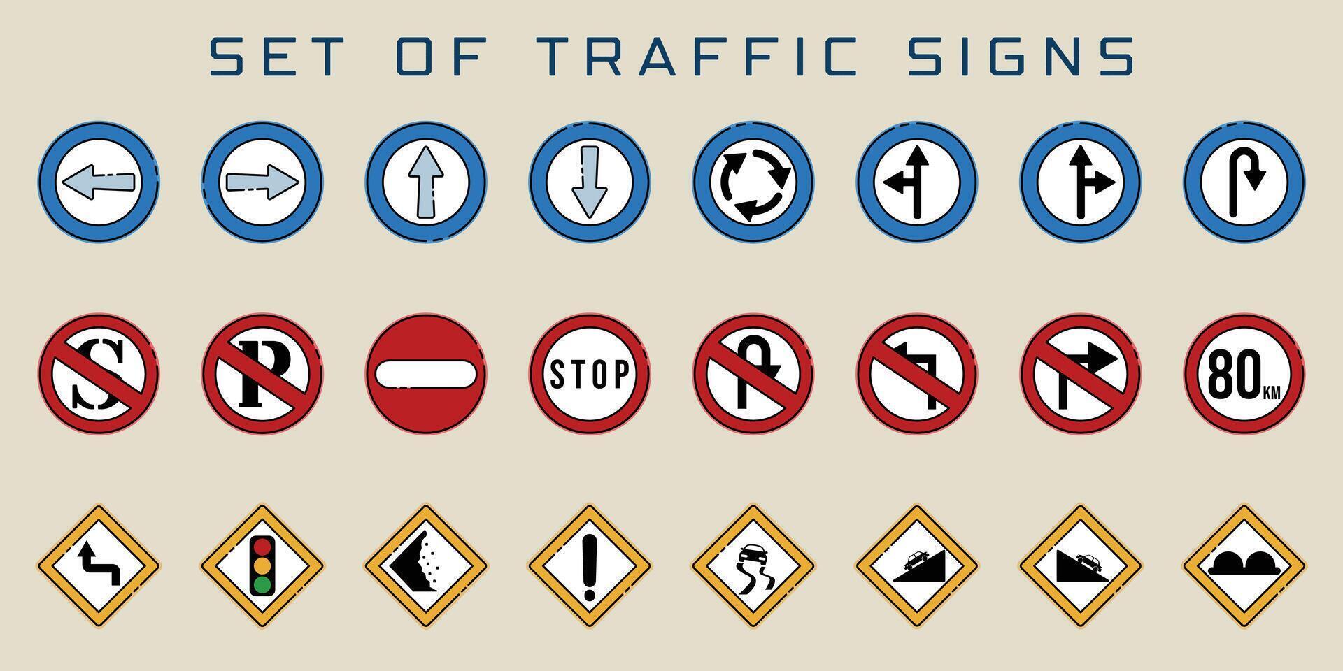 set of isolated traffic signs icon illustration template graphic design. bundle collection of various warning prohibitory mandatory sign or symbol with color for road rules vector