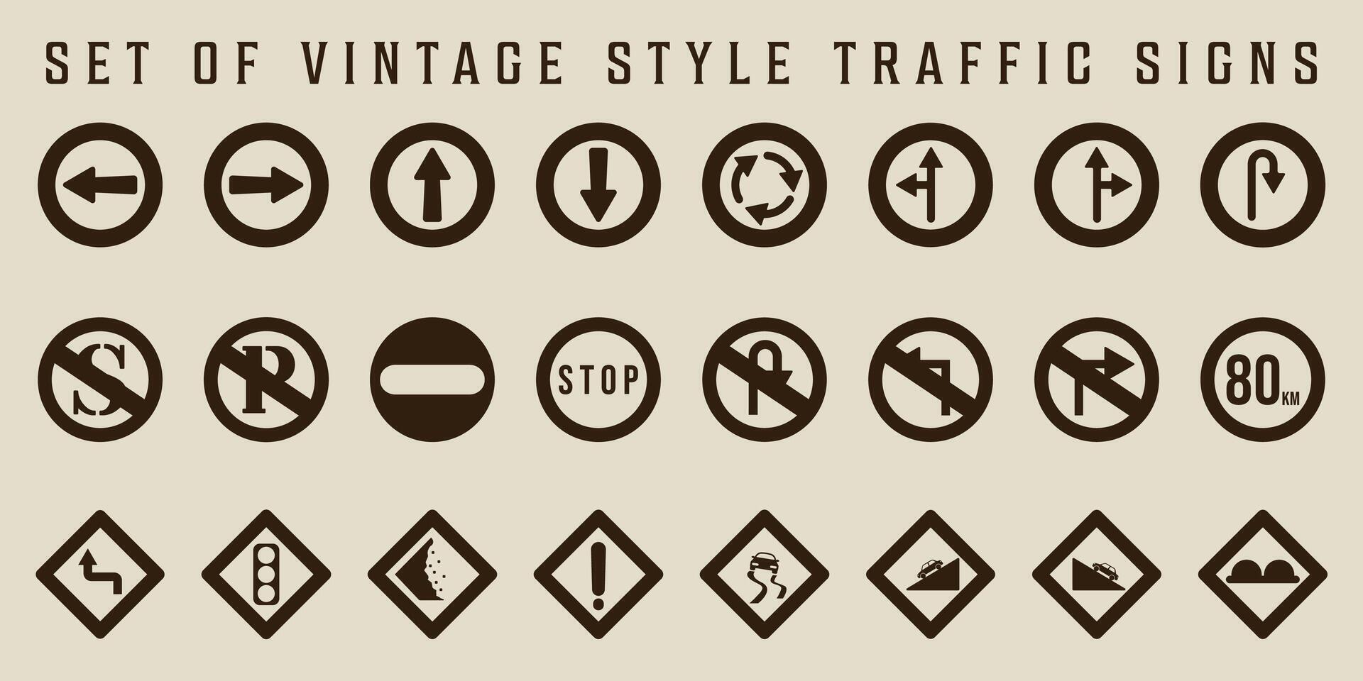 set of isolated traffic signs icon vintage illustration template graphic design. bundle collection of various warning prohibitory mandatory sign or symbol with retro style for road rules vector