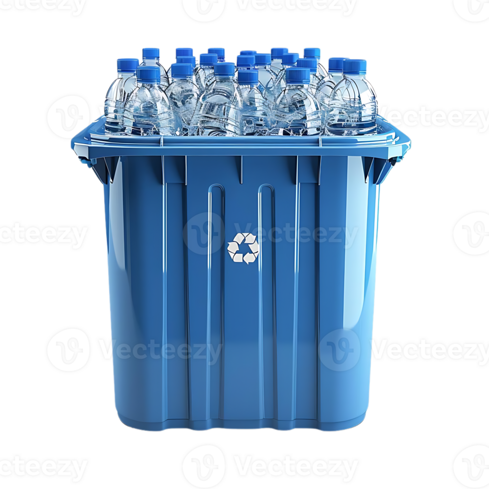 Blue Recycling Bin Filled With Plastic Water Bottles 3D Illustration png