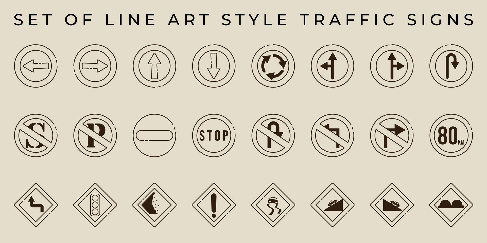 set of isolated traffic signs icon line art illustration template graphic design. bundle collection of various warning prohibitory mandatory sign or symbol with simple style for road rules vector
