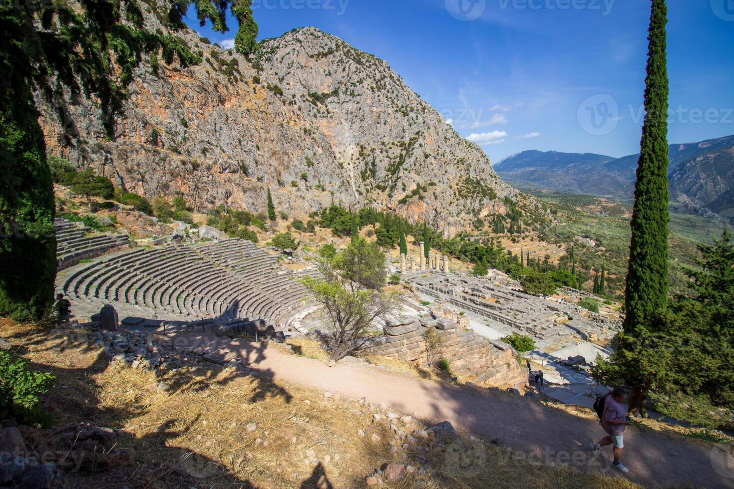 Ancient amphitheater of Delphi. Famous Archaeological site in Greece. God of Appollo temple. View of the ancient amphitheater. photo