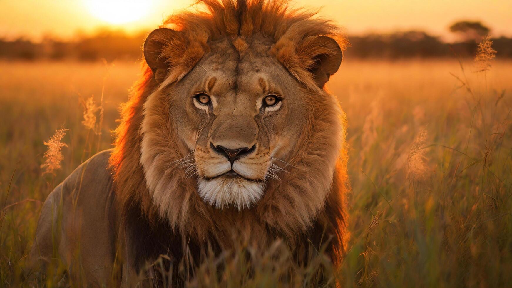 A majestic lion stands tall in the grass. photo