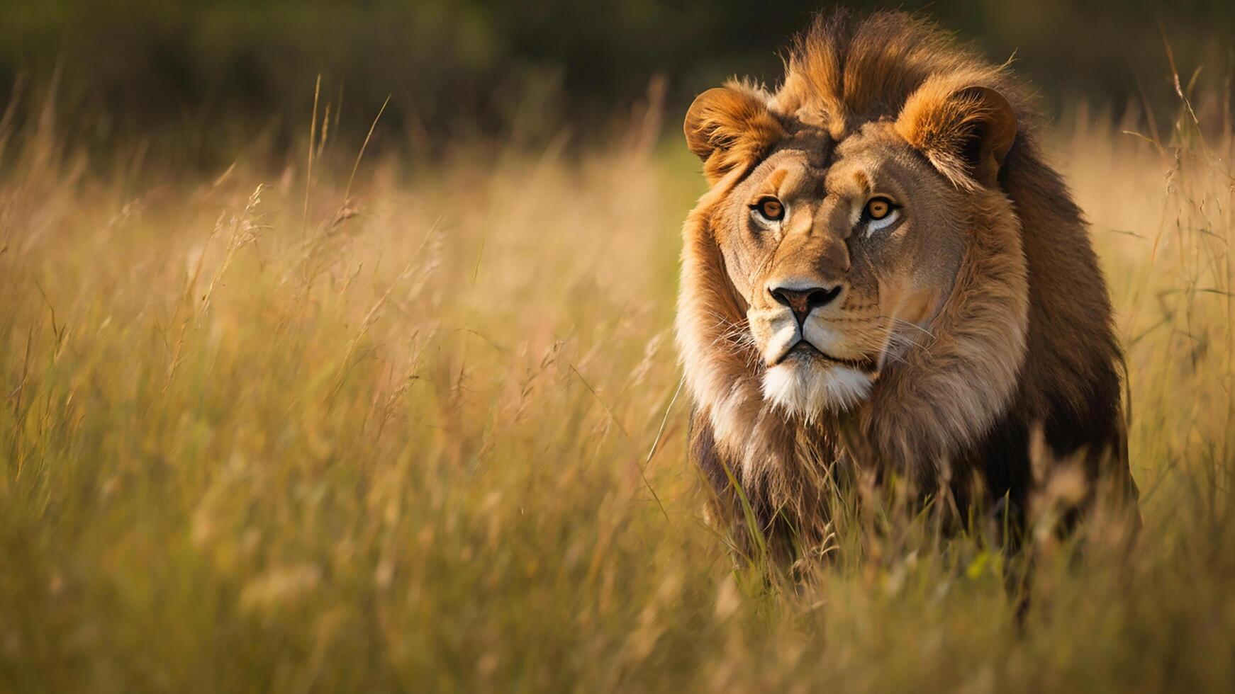 A majestic lion stands tall in the grass. photo