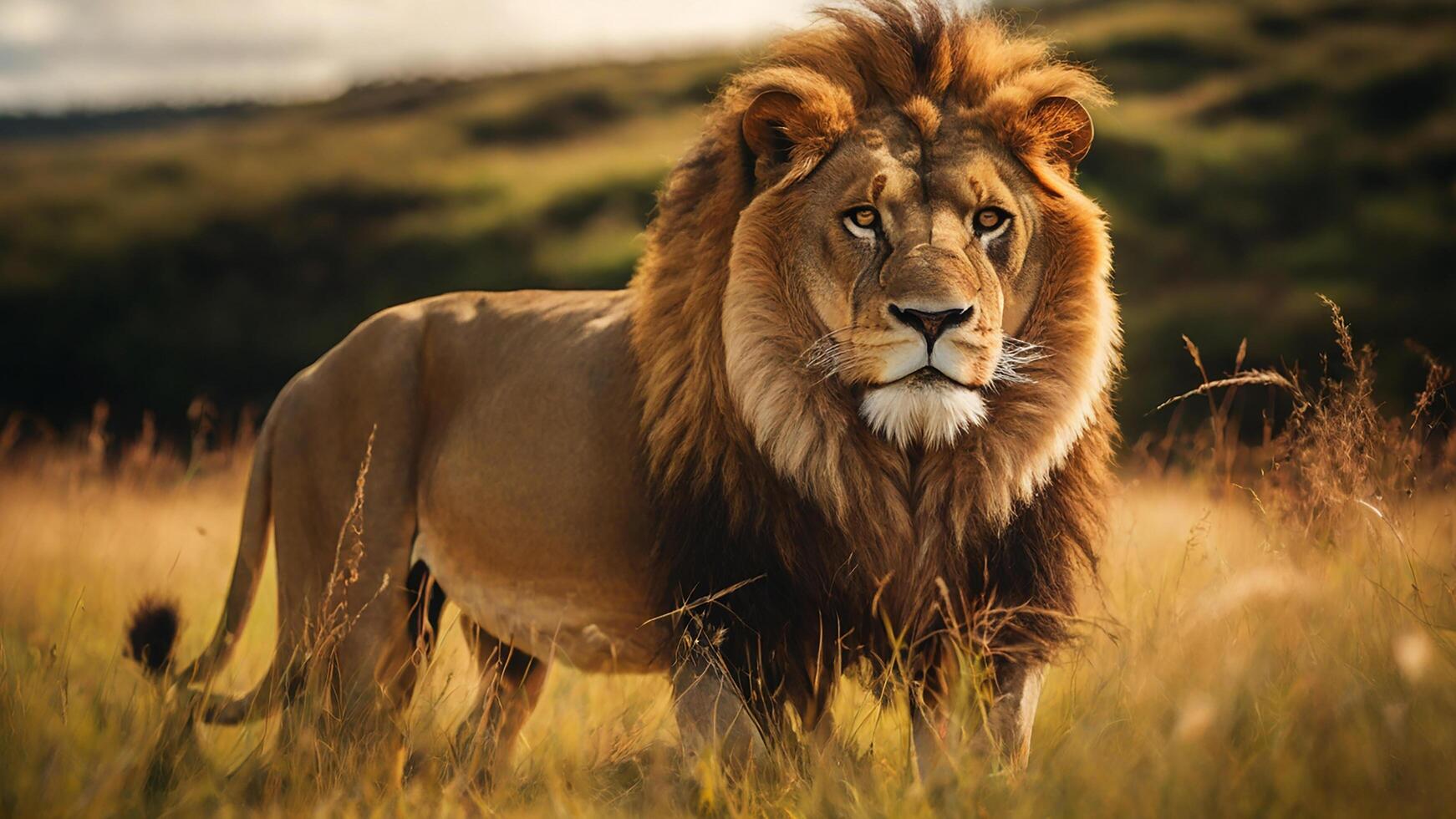 A majestic lion stands tall in the grass. photo