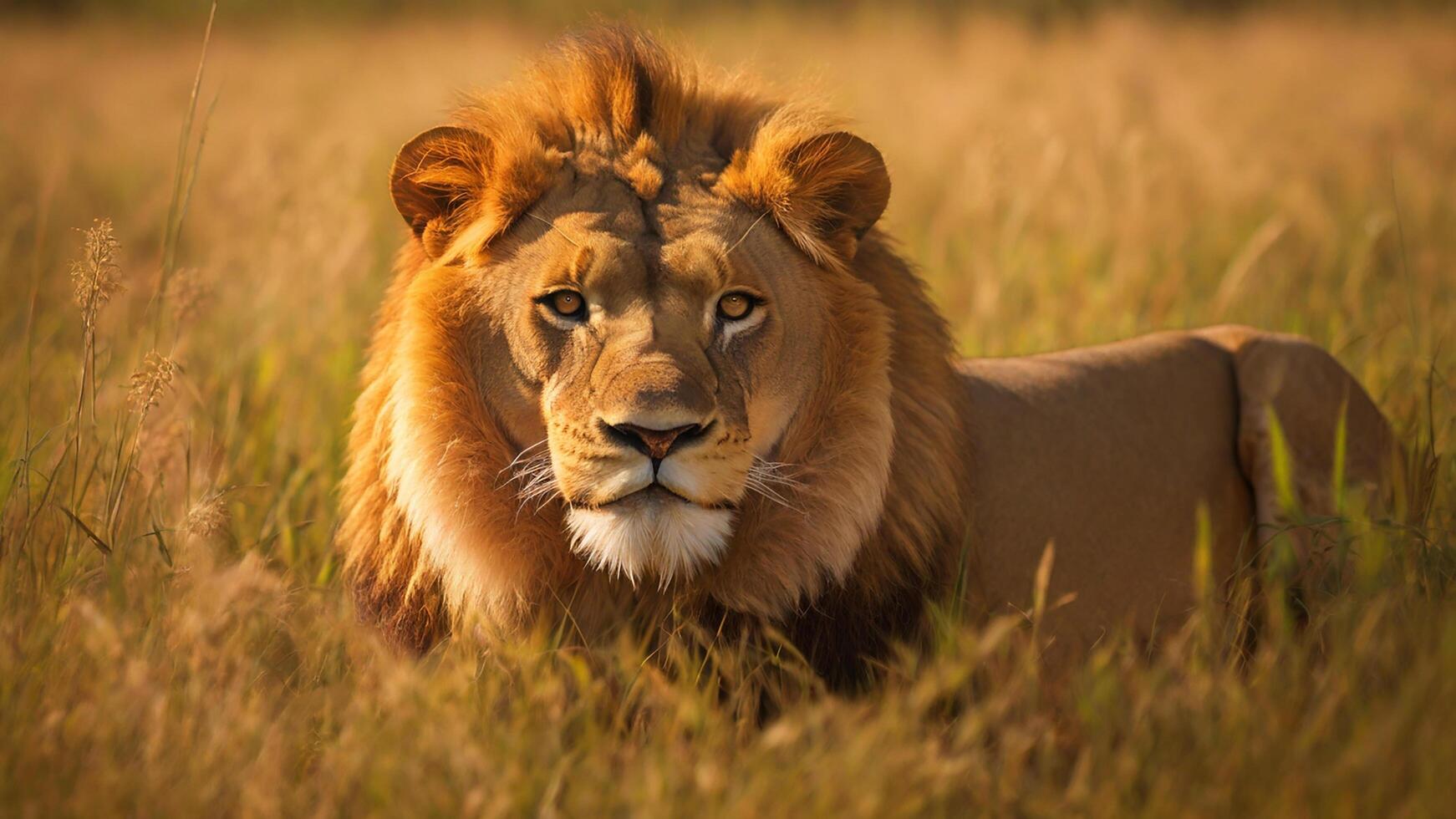 A majestic lion stands tall in the grass. photo