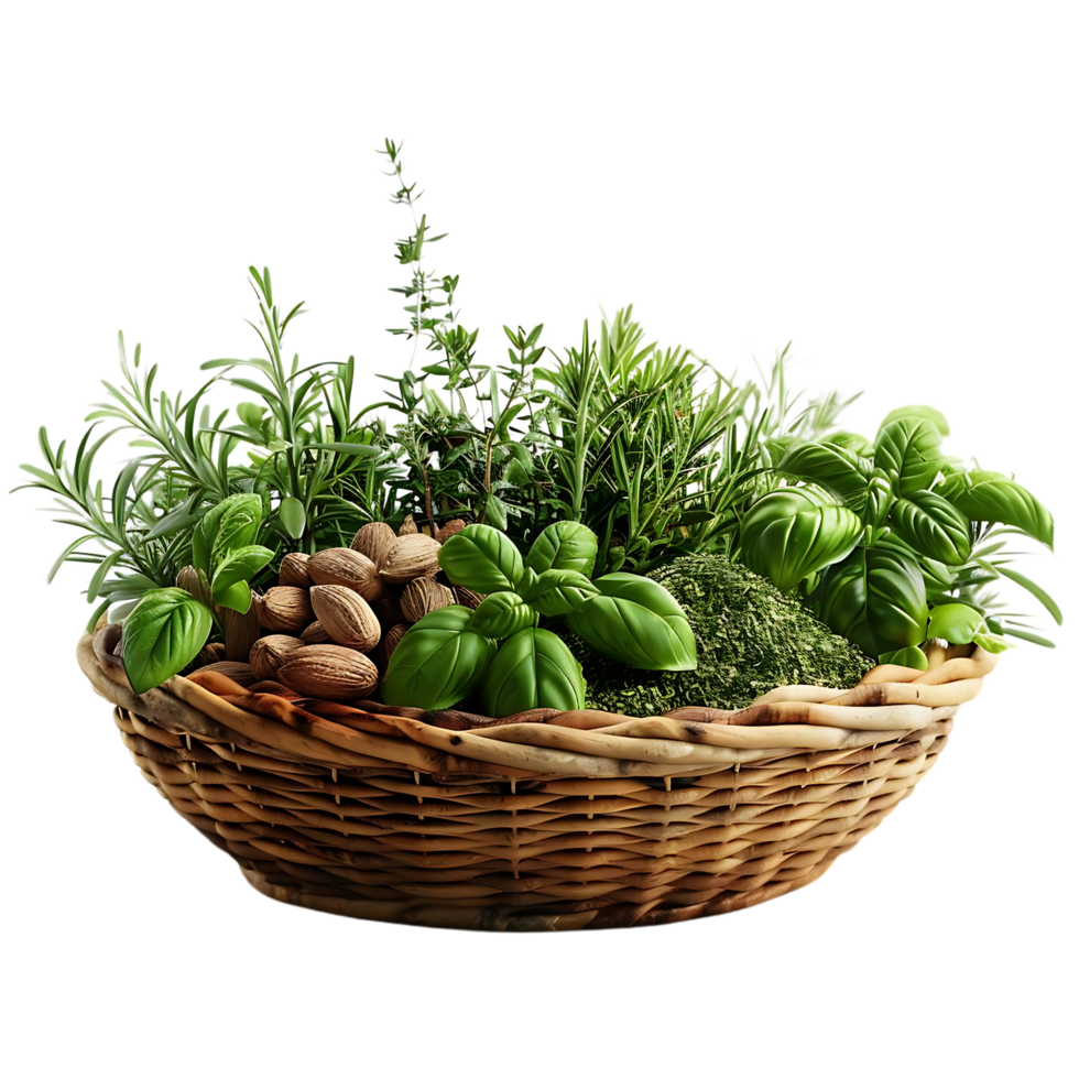 Wicker Basket Filled with Fresh Herbs and Spices Realistic Image png