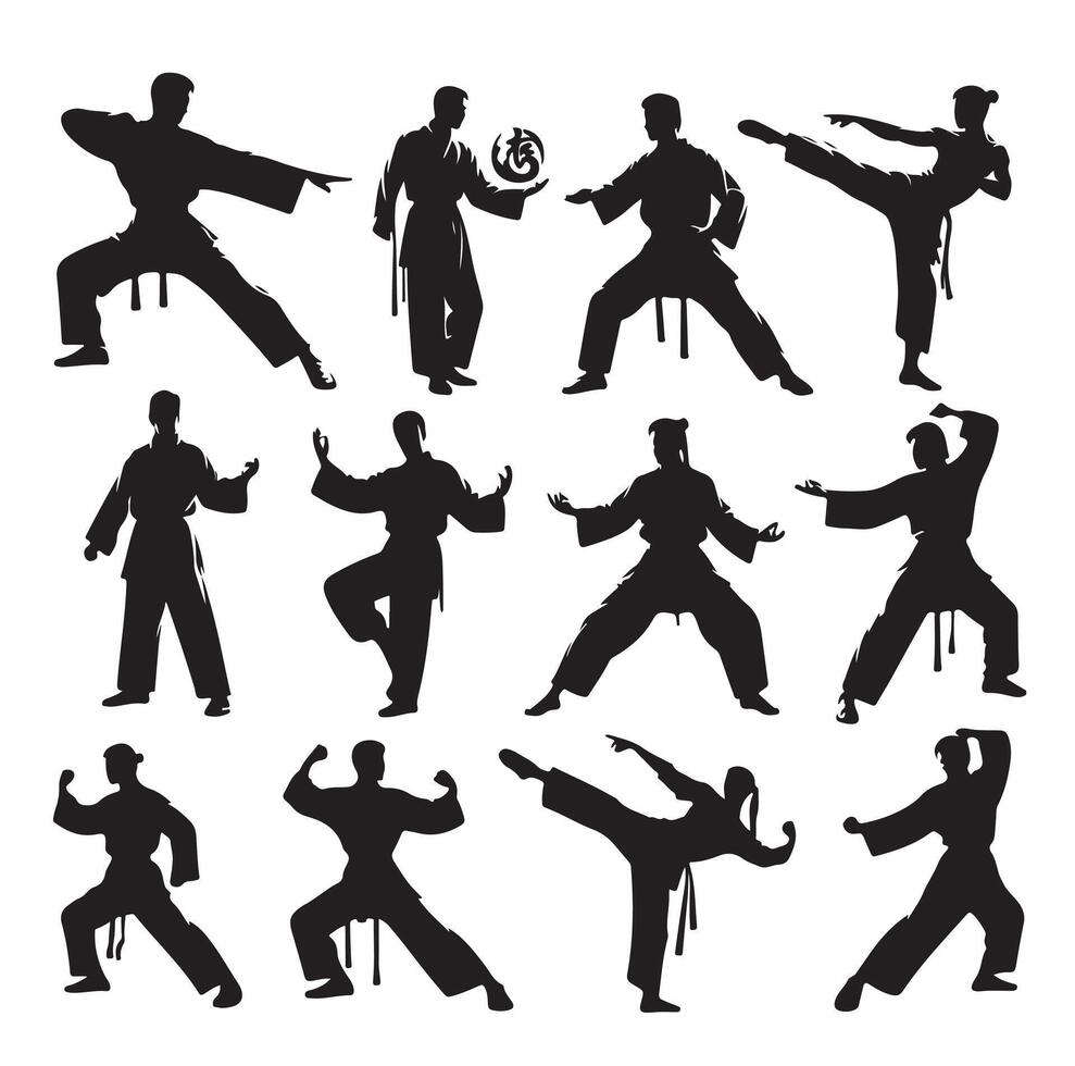 Silhouette of people isolated on white background. Wushu, kung fu, Taekwondo, Aikido. Sports positions. Design elements and icons. illustration. Set vector