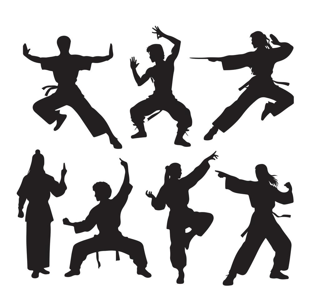 Silhouette of people isolated on white background. Wushu, kung fu, Taekwondo, Aikido. Sports positions. Design elements and icons. illustration. Set vector