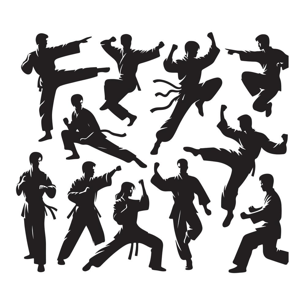 Silhouette of people isolated on white background. Wushu, kung fu, Taekwondo, Aikido. Sports positions. Design elements and icons. illustration. Set vector