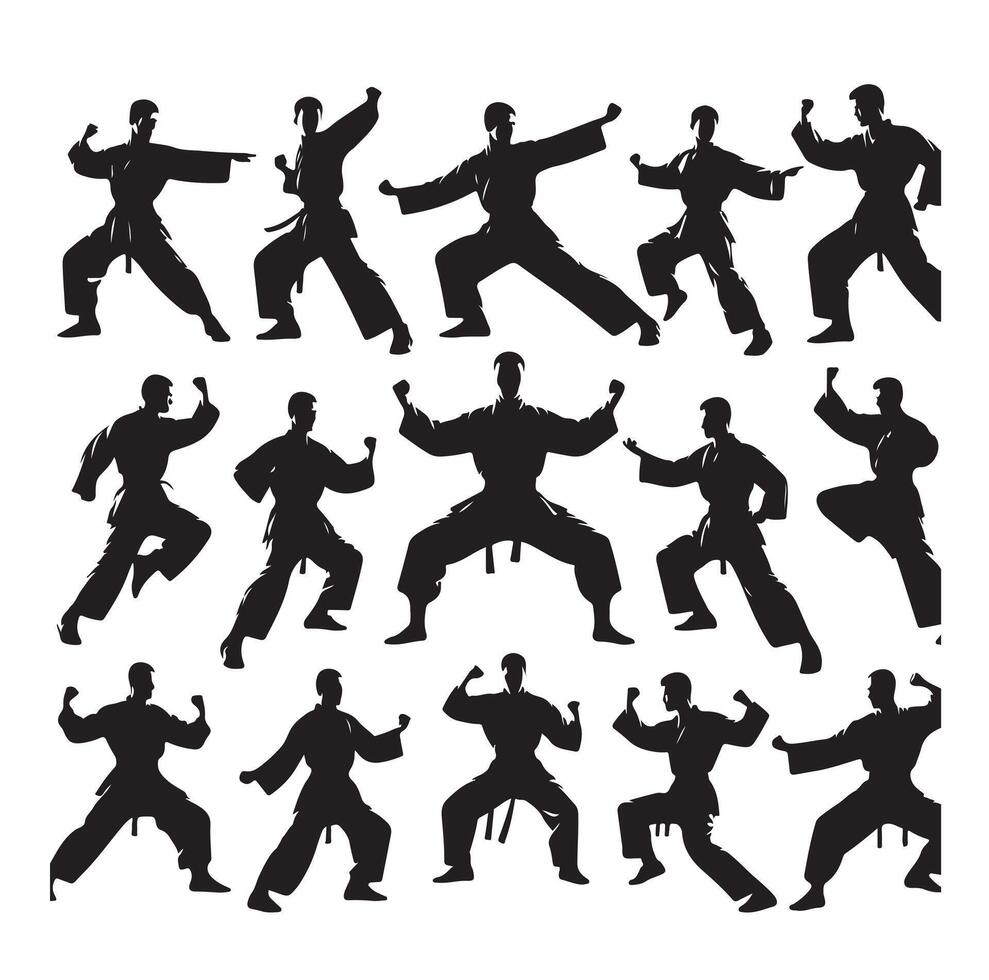 Silhouette of people isolated on white background. Wushu, kung fu, Taekwondo, Aikido. Sports positions. Design elements and icons. illustration. Set vector