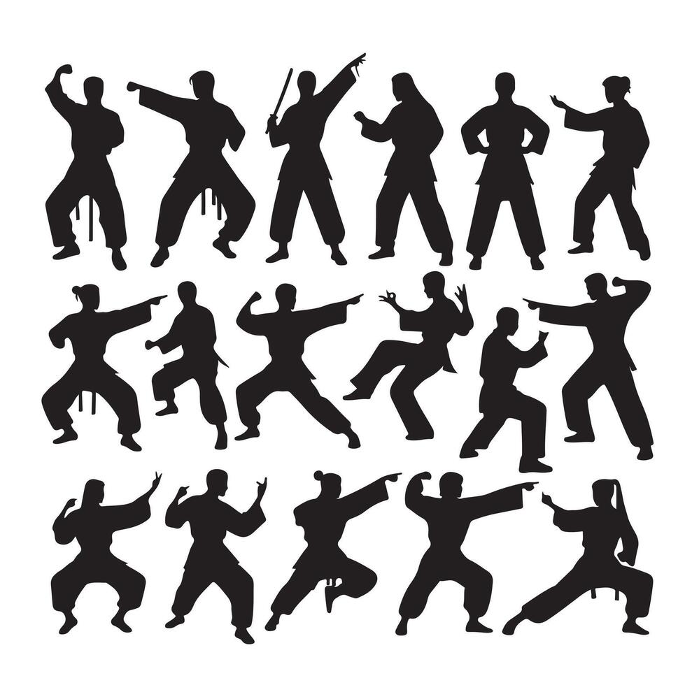 Silhouette of people isolated on white background. Wushu, kung fu, Taekwondo, Aikido. Sports positions. Design elements and icons. illustration. Set vector